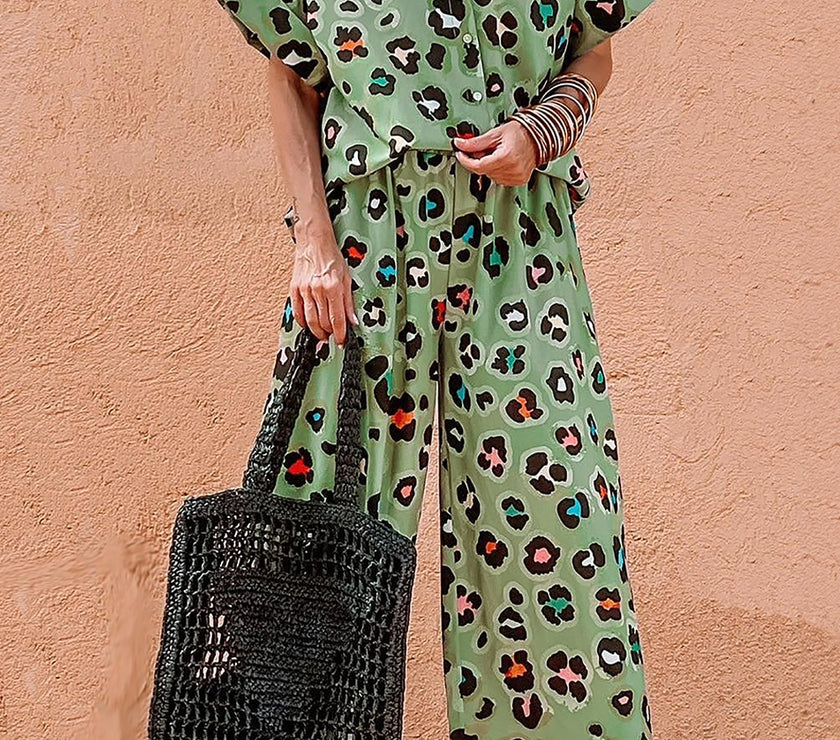 Leopard Collared Neck Top and Pants Set