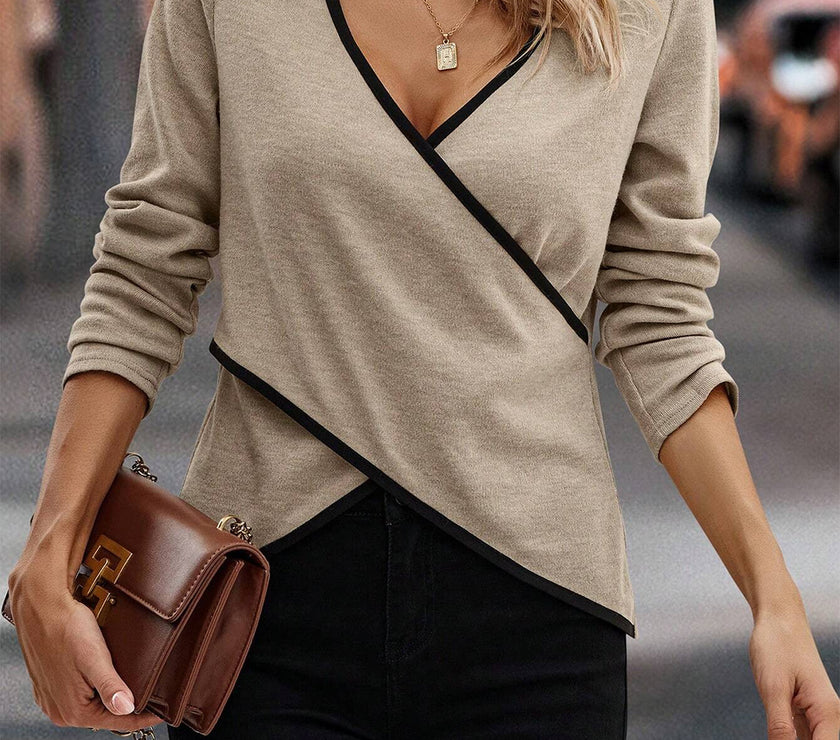 Full Size Crisscross Contrast Trim Long Sleeve T-Shirt