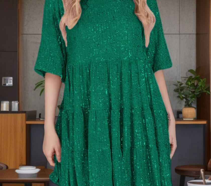 Sequin Round Neck Half Sleeve Mini Dress