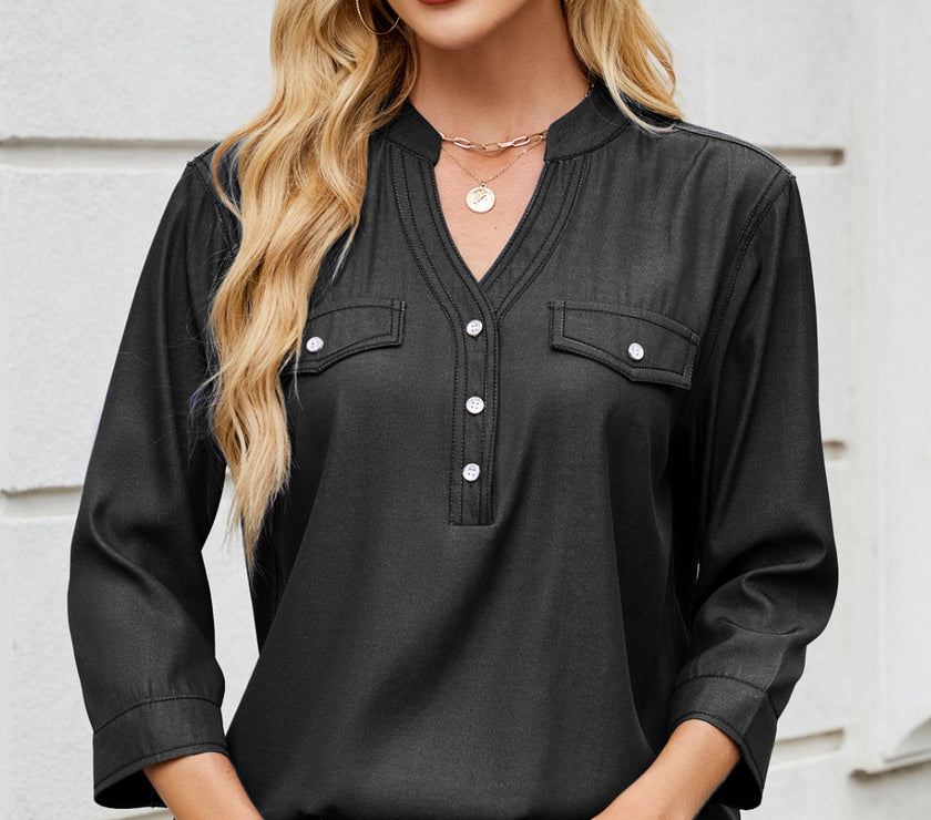 Notched Three-Quarter Sleeve Denim Top