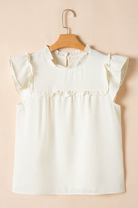 White Solid Color Ruffle Trim Waffle Knit Blouse