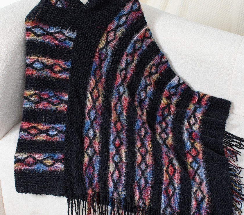 Fringe Contrast Hooded Poncho