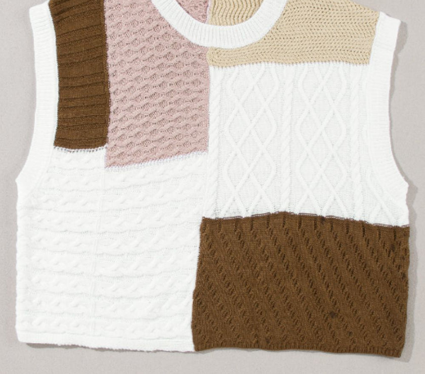 Cable-Knit Color Block Round Neck Sweater Vest