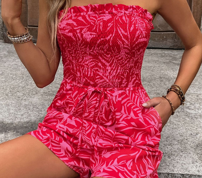 Perfee Smocked Printed Tube Romper with Pockets
