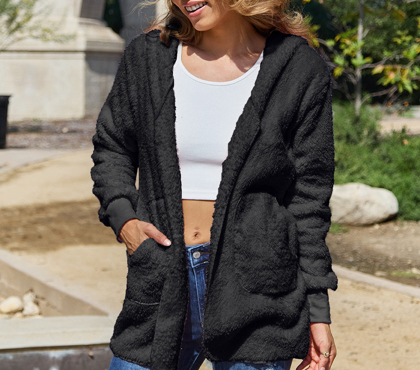 Full Size Teddy Hooded Jacket with Pockets