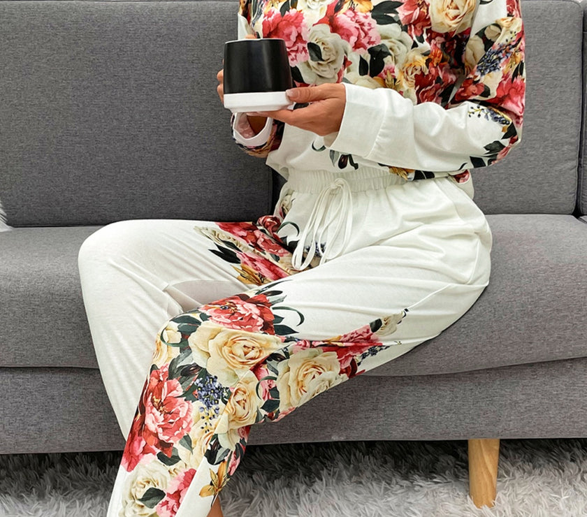 Shiny Printed Round Neck Top and Pants Lounge Set