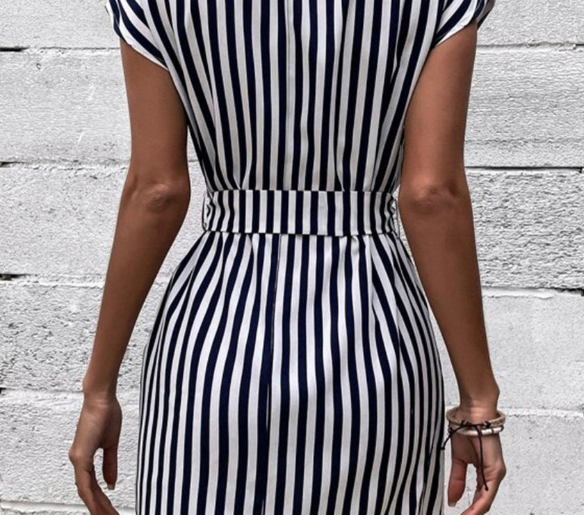 Tied Striped Cap Sleeve Mini Dress