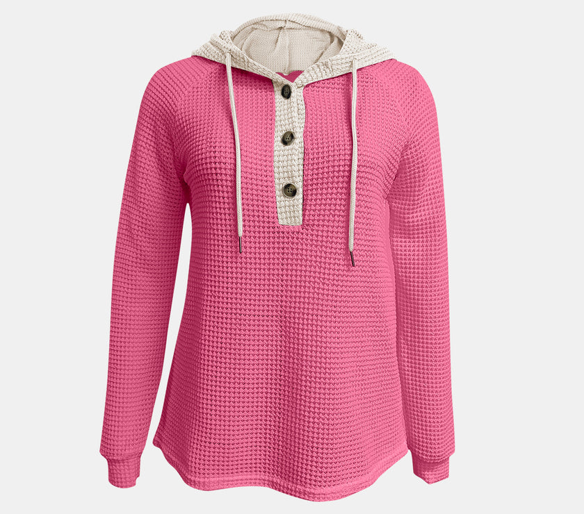 Full Size Waffle-Knit Contrast Long Sleeve Hoodie