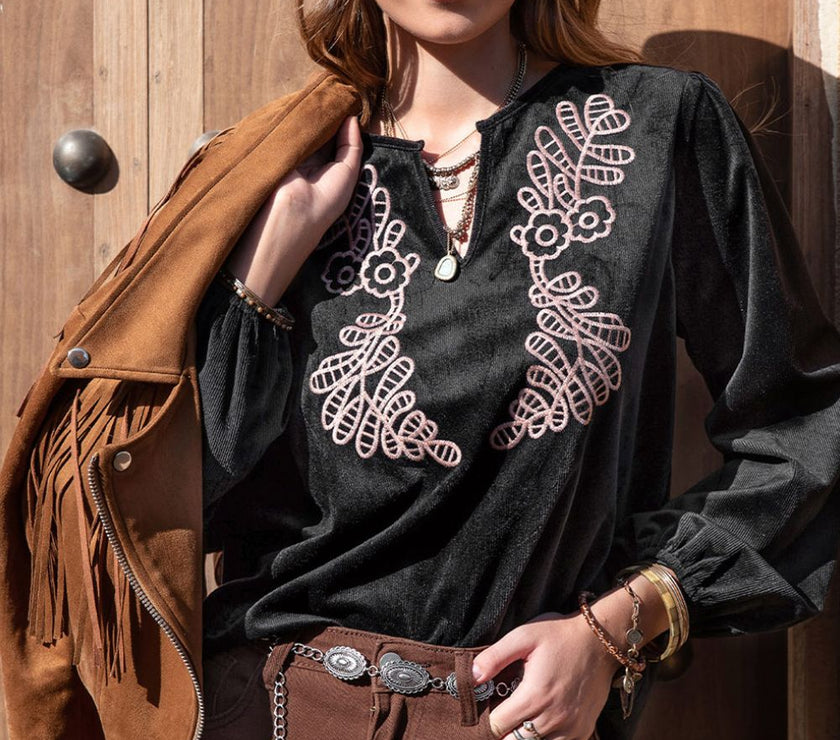 Notched Neck Long Sleeve Blouse