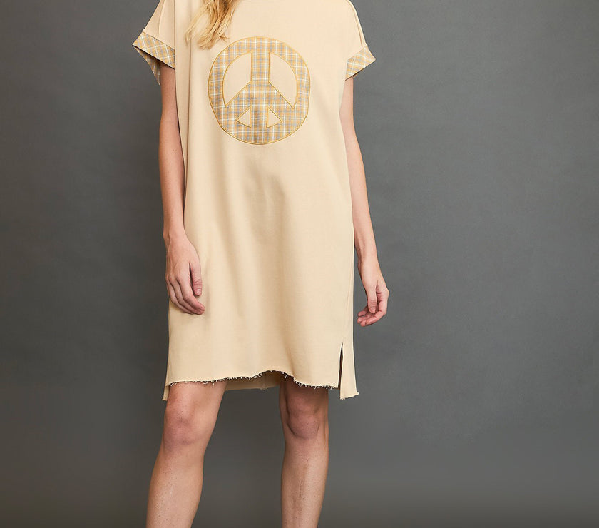 Umgee Peace Plaid Applique Short Sleeve Mini Dress