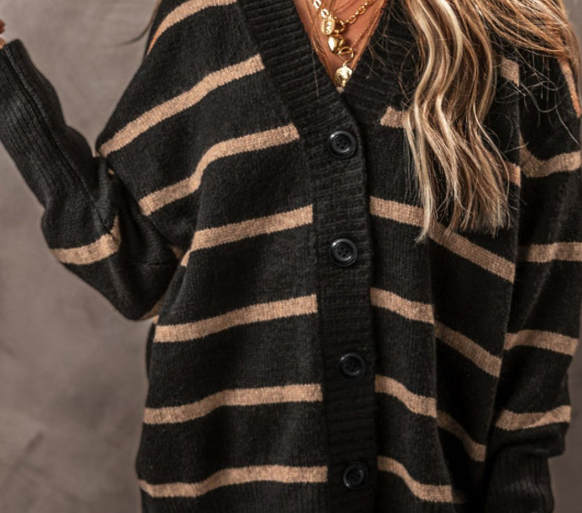 Striped Button Down Long Sleeve Cardigan