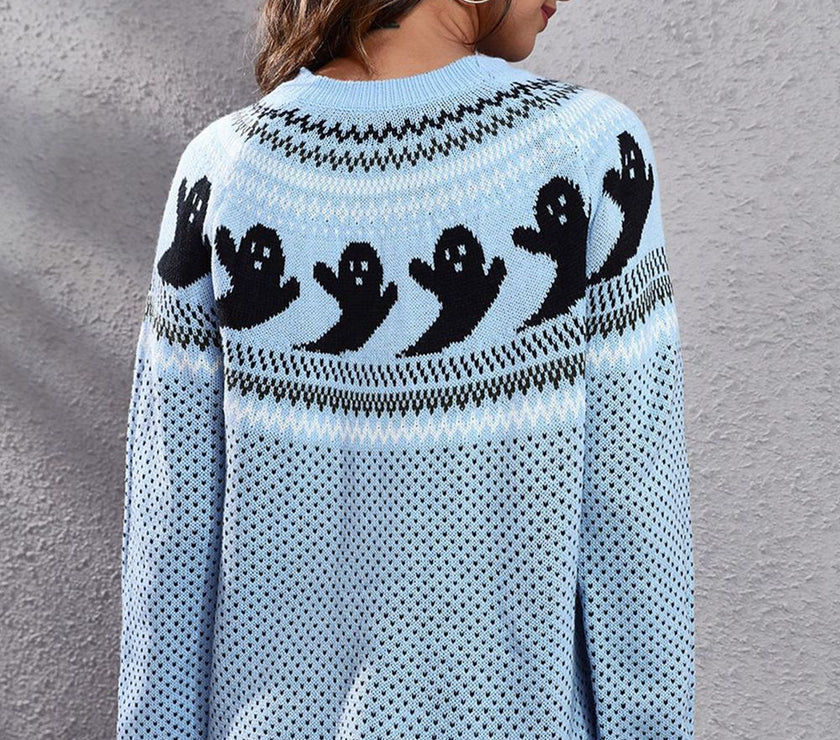 Ghost Pattern Round Neck Long Sleeve Sweater