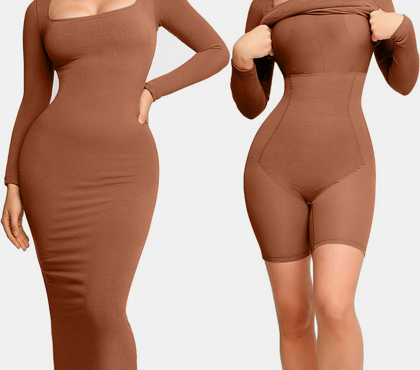 Basic Bae Built-In Shapewear Square Neck Long Sleeve Maxi Dress