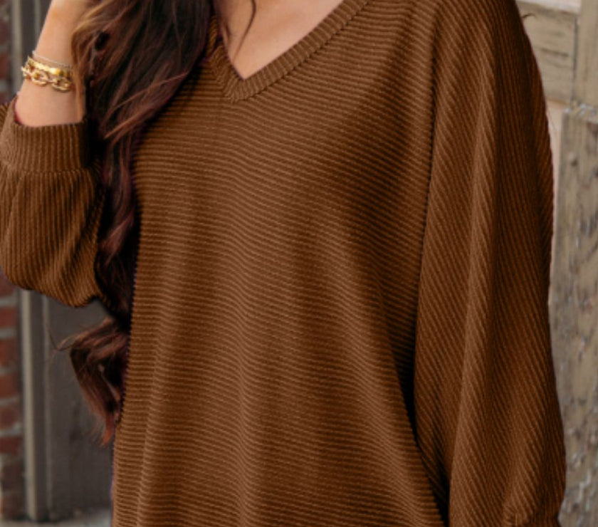 Texture V-Neck Long Sleeve Top