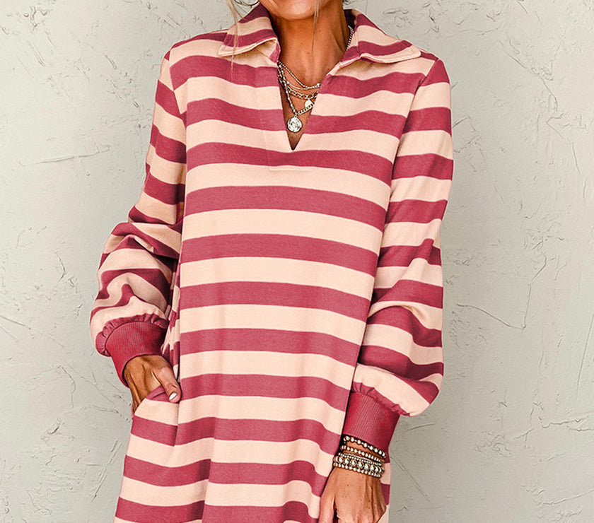 Contrast Striped Johnny Collar Long Sleeve Mini Dress