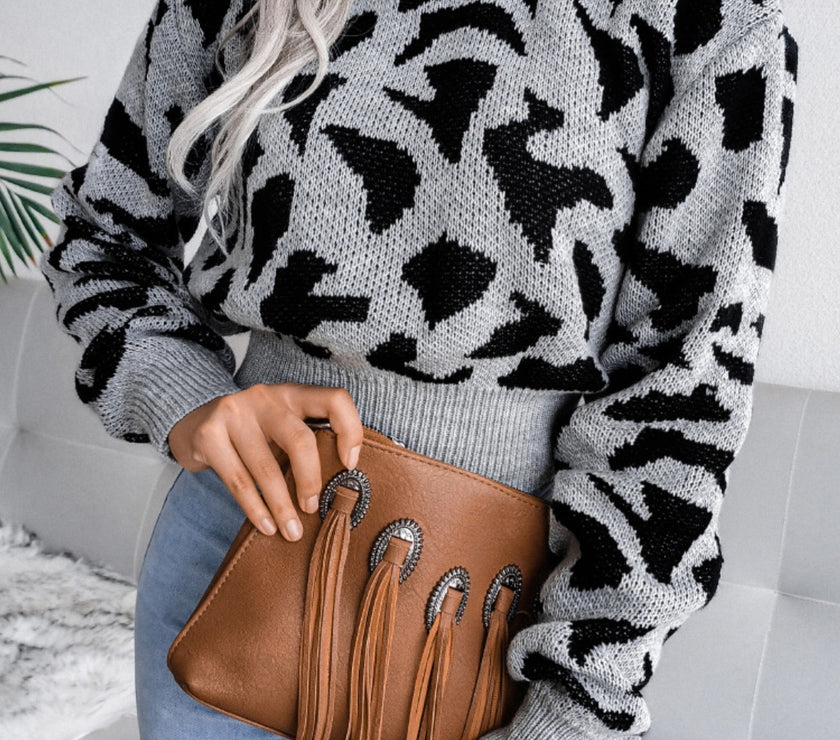 Leopard Round Neck Dropped Shoulder Sweater
