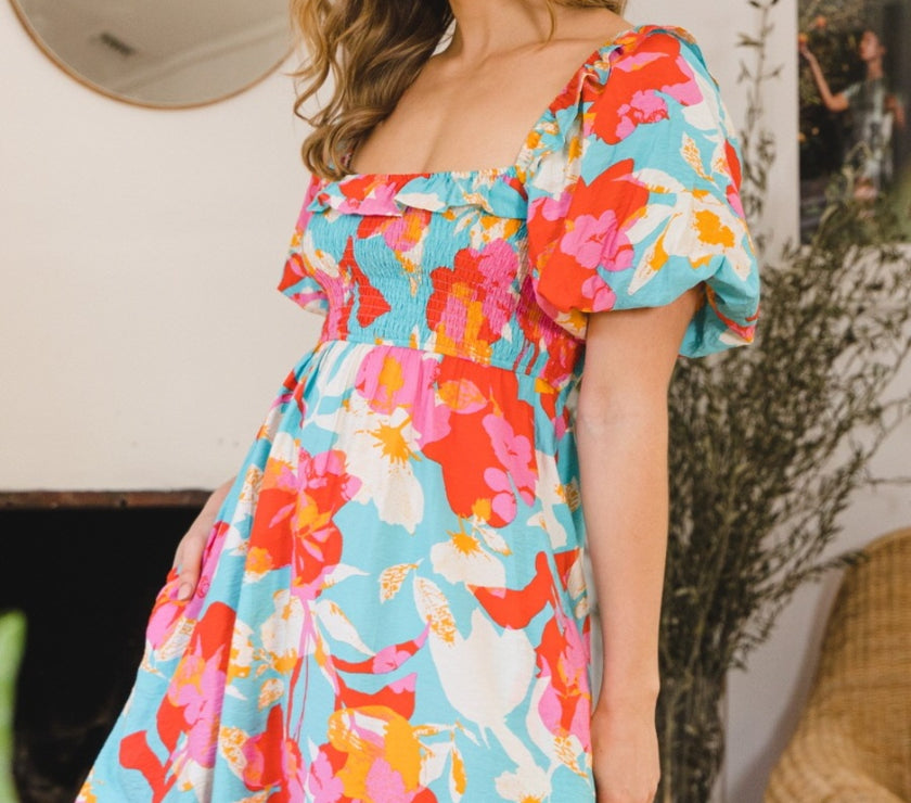 ODDI Printed Smocked Puff Sleeve Mini Dress