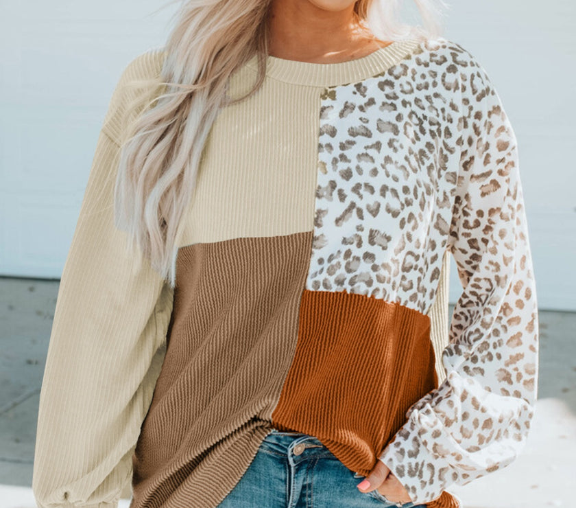 Color Block Leopard Round Neck Sweatshirt