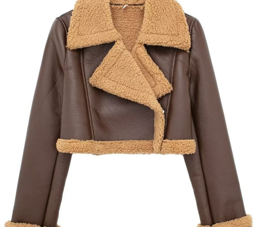 Collared Neck Long Sleeve Plush Cropped Jacket