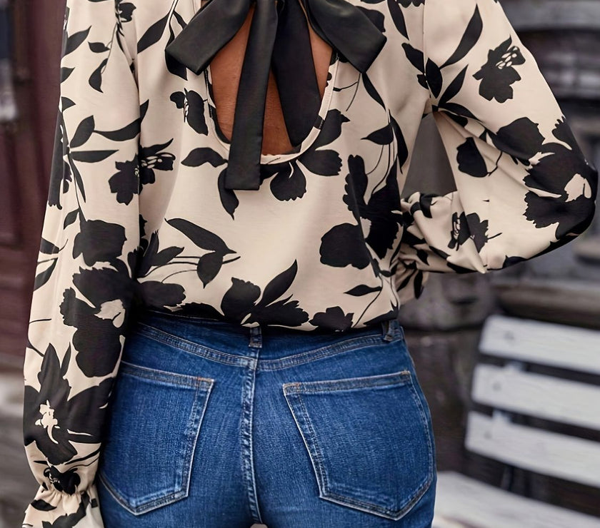Bow Back Printed Round Neck Flounce Sleeve Blouse