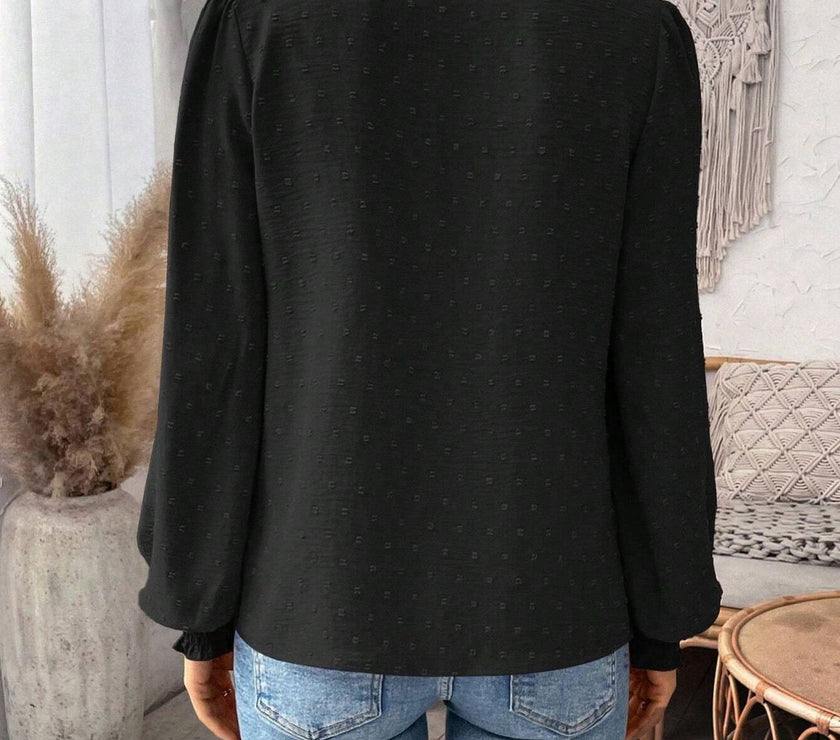 Swiss Dot Lace Detail Notched Long Sleeve Blouse