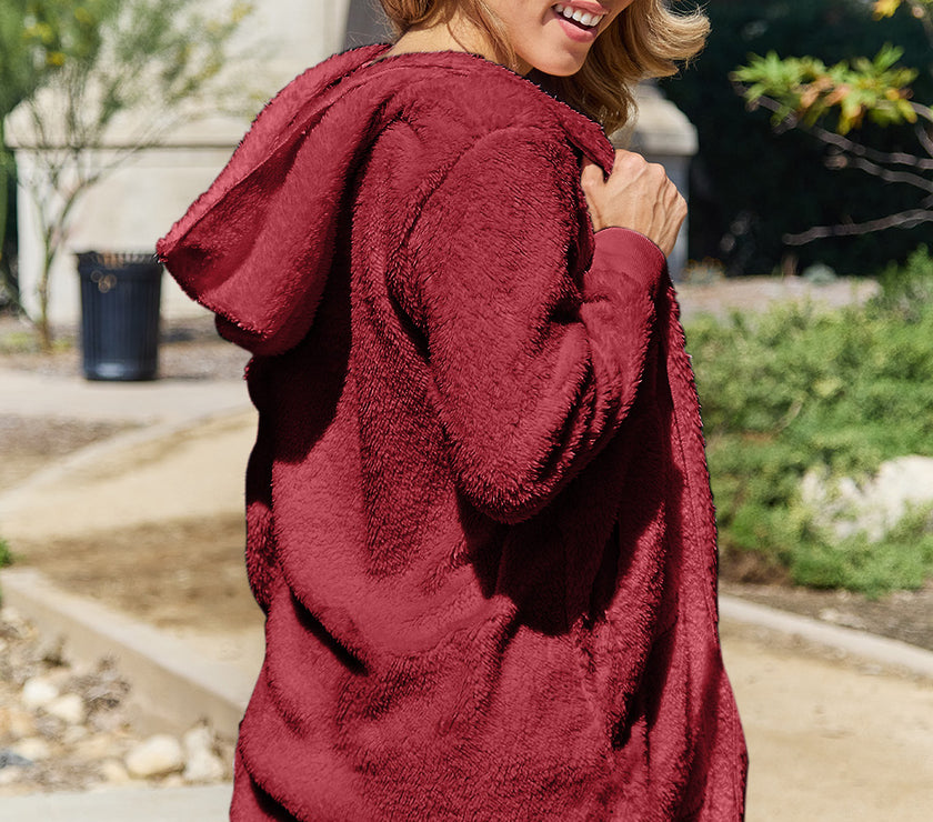 Double Take Full Size Hooded Teddy Bear Jacket with Thumbholes