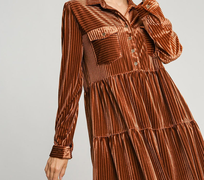 Umgee Texture Tiered Collared Long Sleeve Dress
