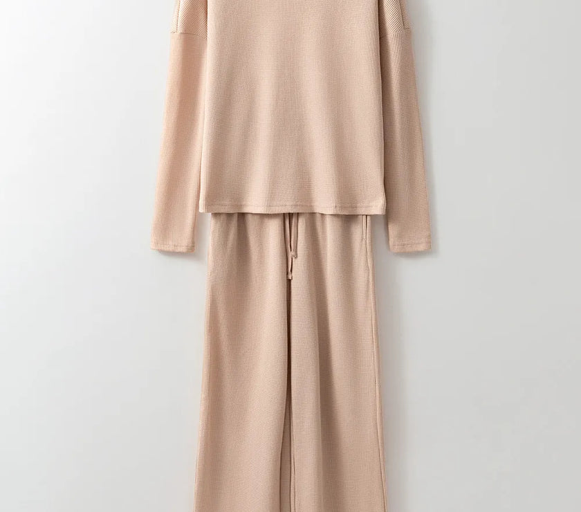 Round Neck Long Sleeve Top and Drawstring Pants Lounge Set