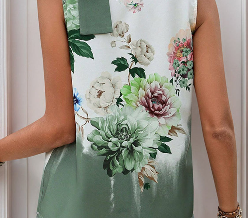 Tied Flower Printed Mock Neck Top
