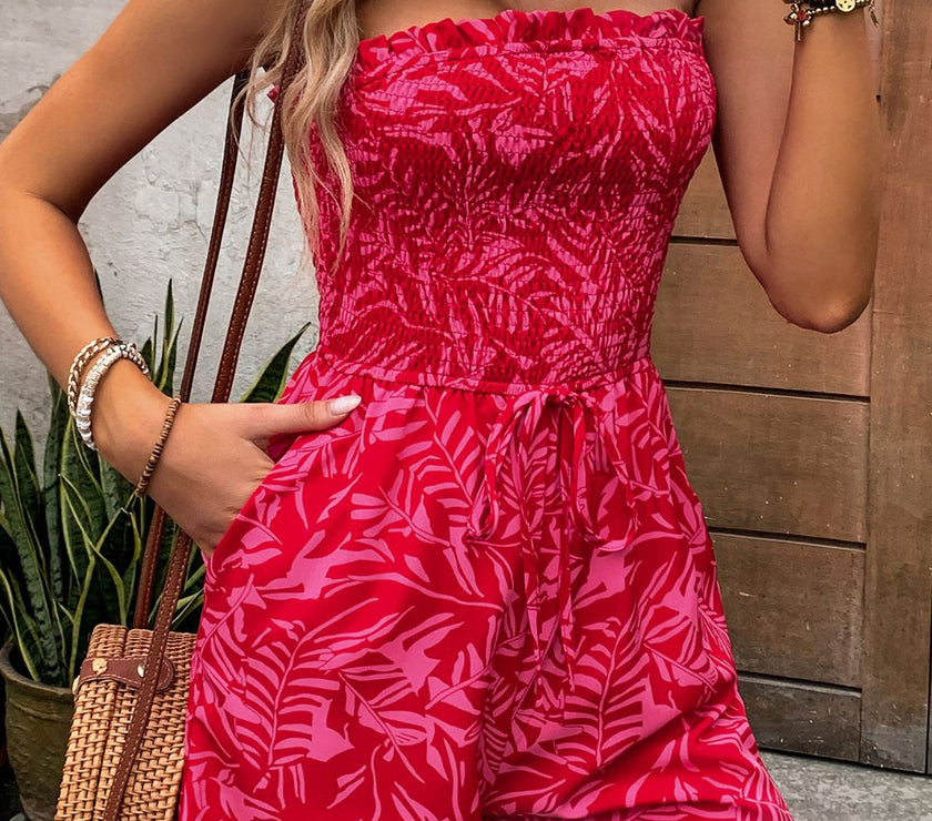 Perfee Smocked Printed Tube Romper with Pockets