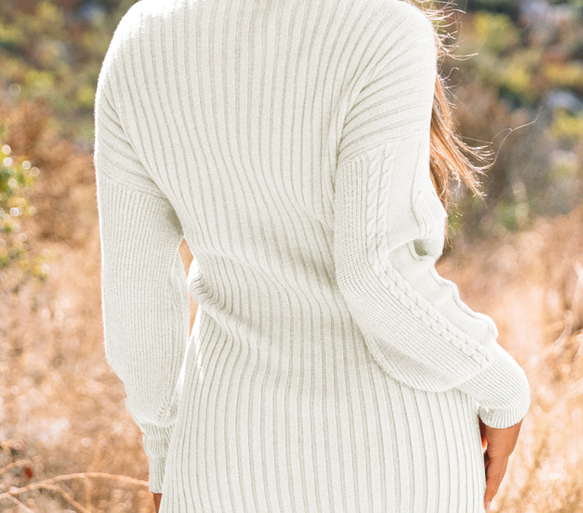 Cable-Knit Surplice Lantern Sleeve Sweater Dress