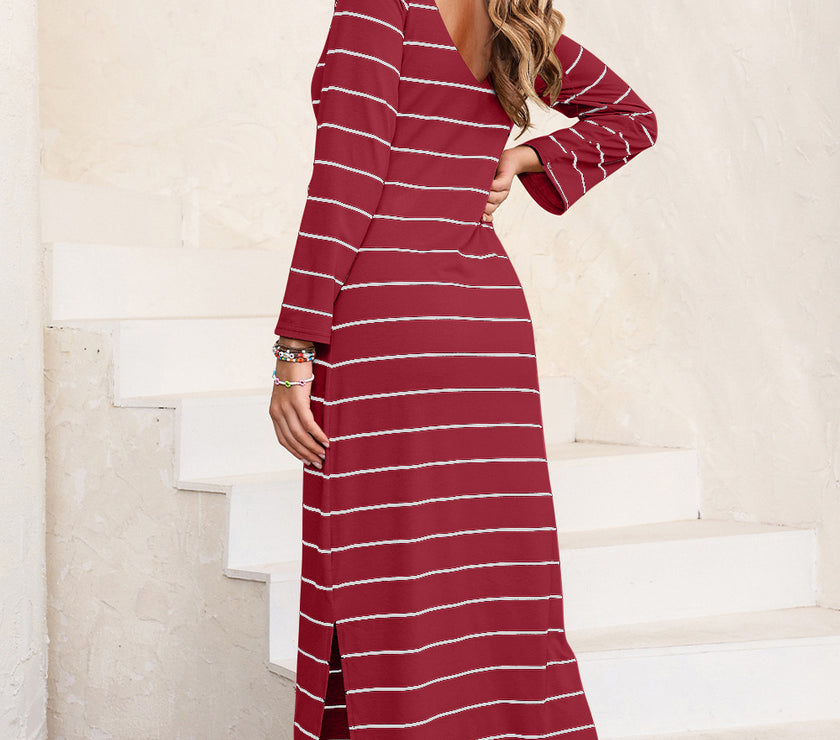 Slit Striped Round Neck Midi Dress