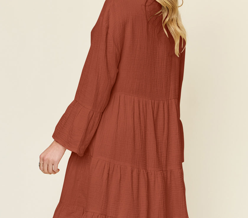 Double Take Full Size Texture Button Up Ruffle Hem Dress