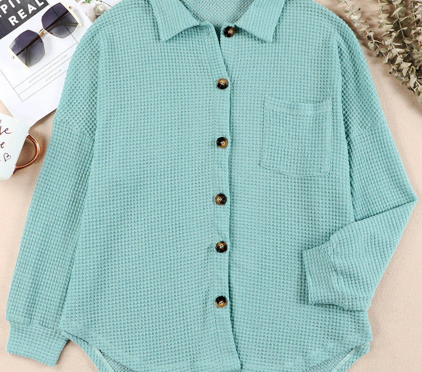 Waffle-Knit Collared Neck Long Sleeve Shirt