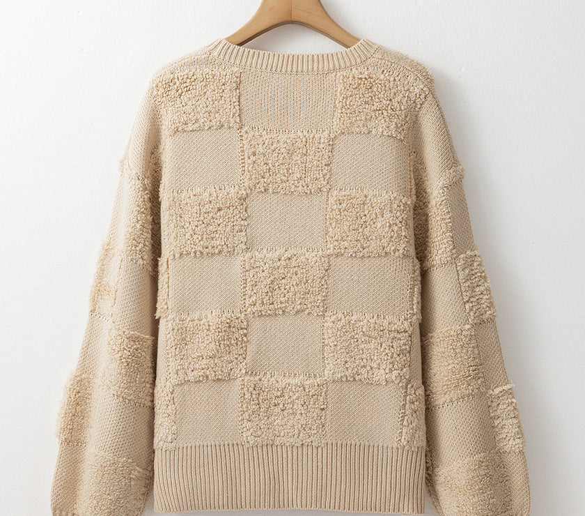 Checkered Round Neck Dropped Shoulder Sweater