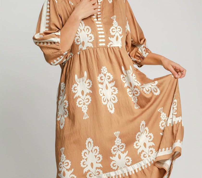 Umgee Full Size Printed Notched Midi Dress