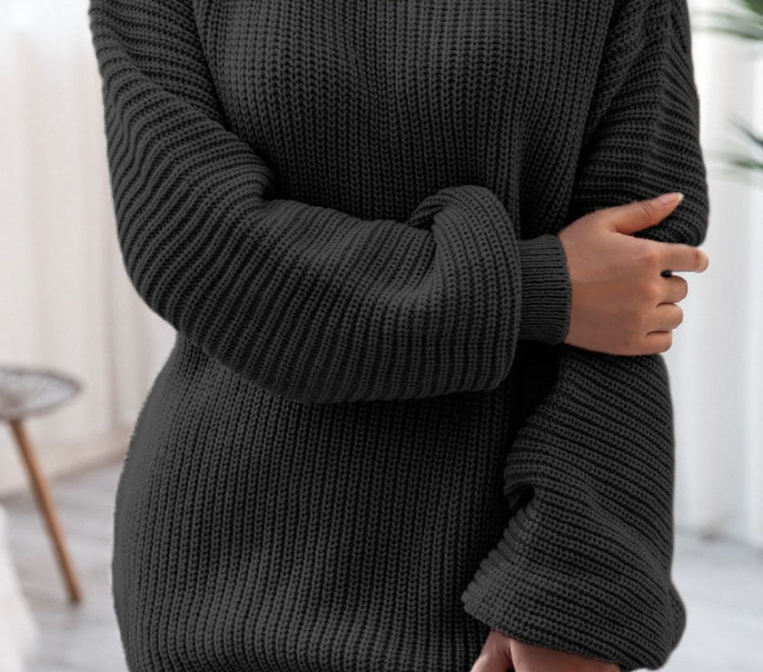 Boat Neck Long Sleeve Mini Sweater Dress