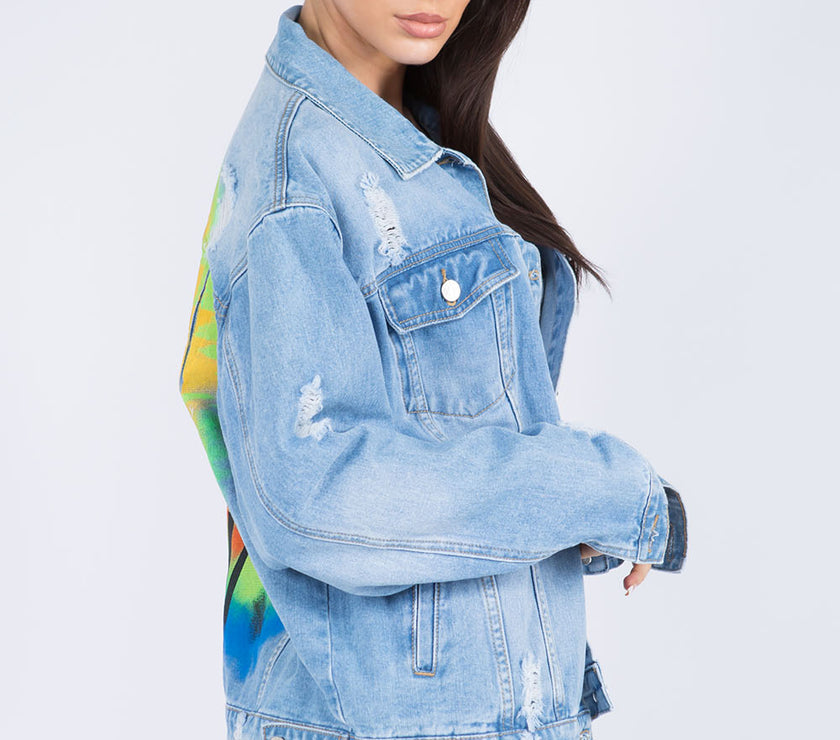 American Bazi Full Size Painted Back Distressed Denim Jacket