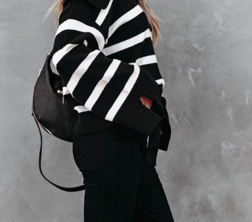 Striped Johnny Collar Long Sleeve Sweater