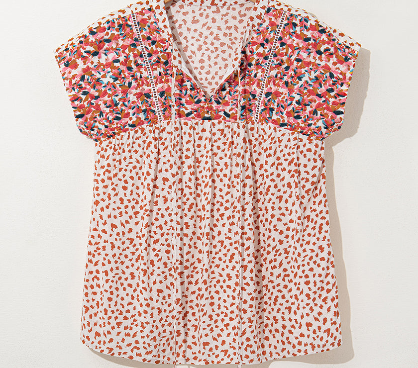 Red Printed Embroidery Detail Tie Split Neck Blouse