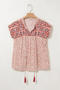 Red Printed Embroidery Detail Tie Split Neck Blouse