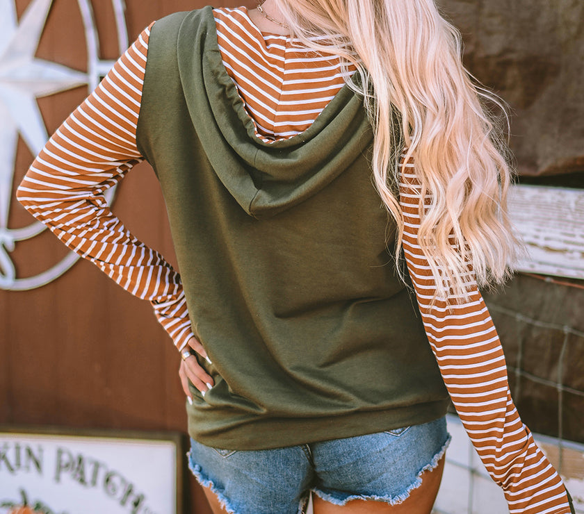Drawstring Stripe Half Zip Long Sleeve Hoodie