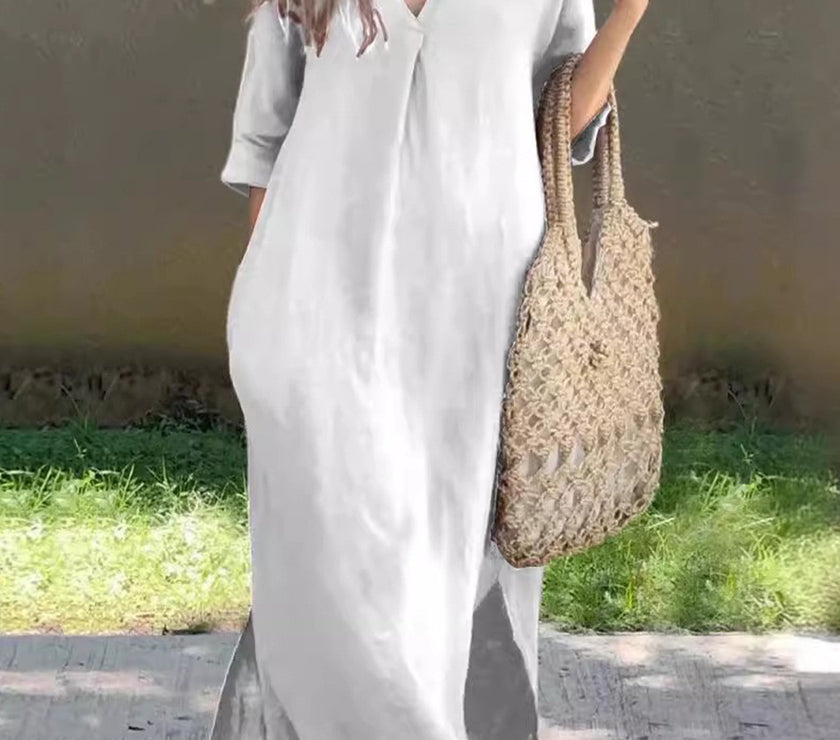 Full Size Notched Half Sleeve Midi Dress