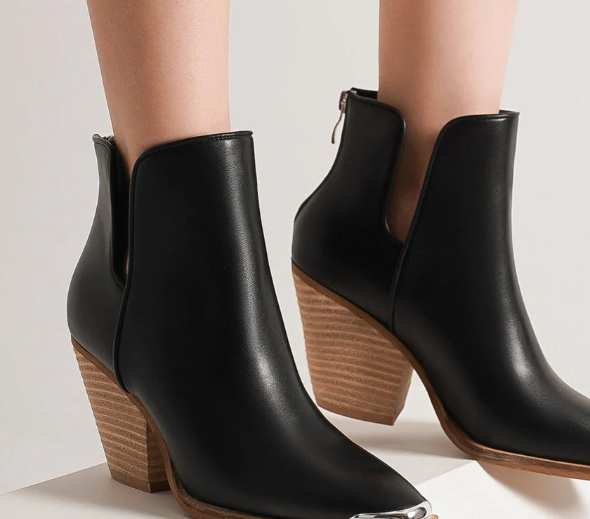 Beast Fashion Pointed Metal-Tip Toe Block Heel Ankle Boots