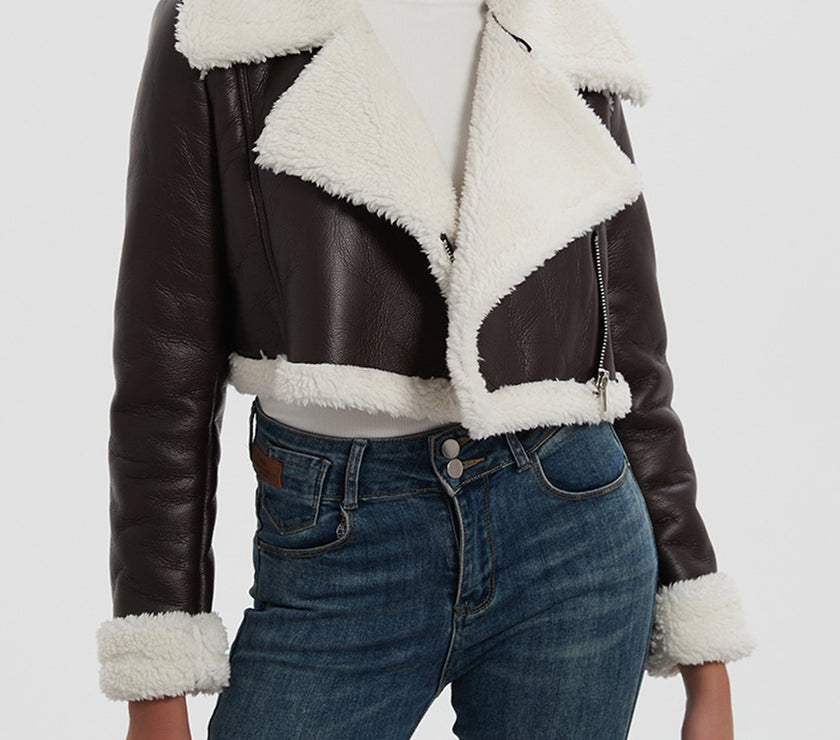 Collared Neck Long Sleeve Plush Cropped Jacket