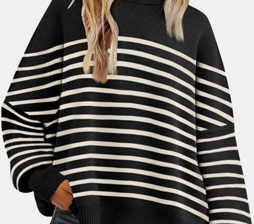 Round Neck Drop Shoulder Slit Sweater
