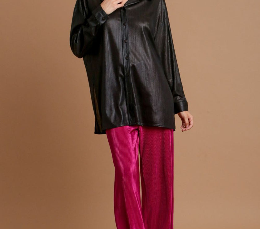 Umgee Side Slit Button Up Long Sleeve Shirt