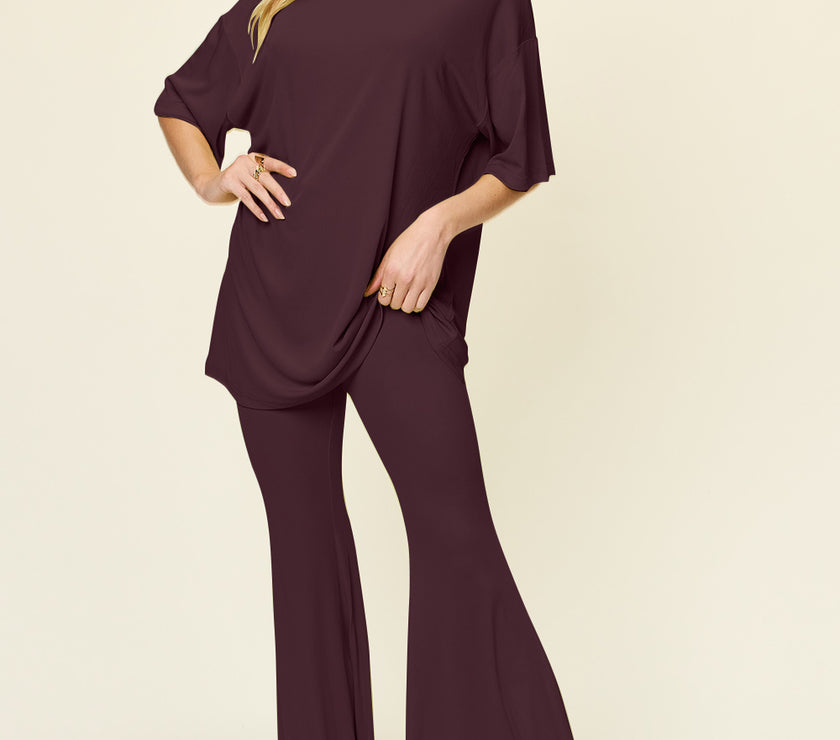 Double Take Full Size Round Neck Drop Shoulder T-Shirt and Flare Pants Set