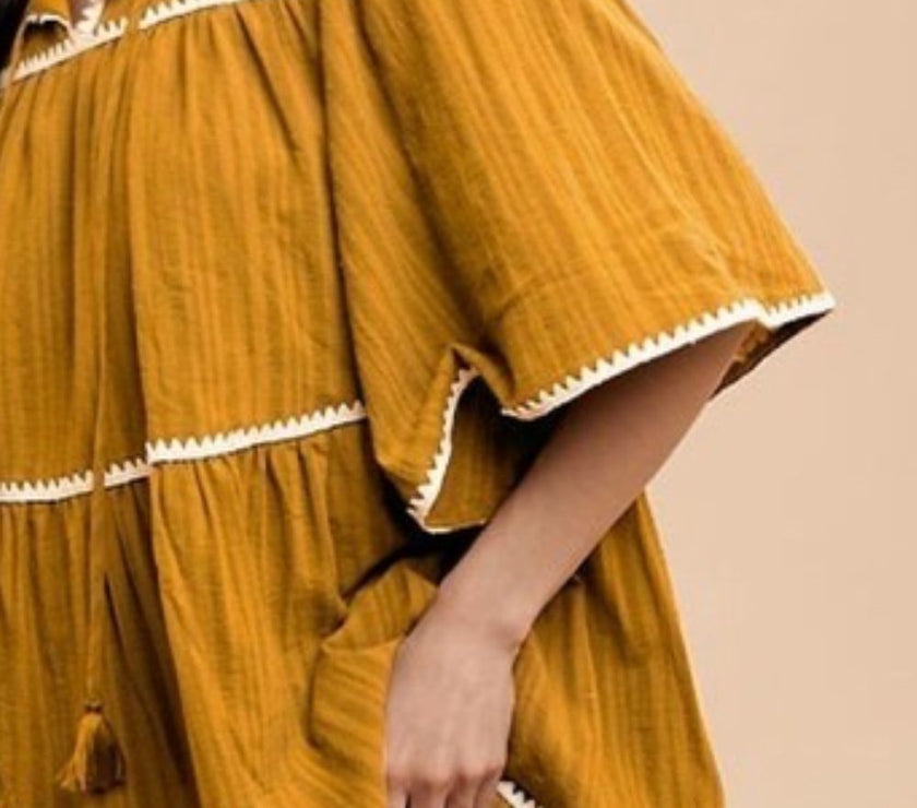 Annie Wear Tassel Contrast Trim Tie Neck Half Sleeve Tiered Dress