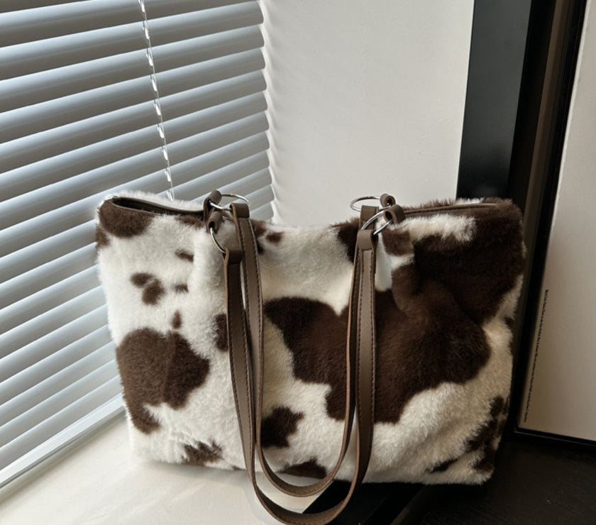 Cow Print Furry Tote Bag